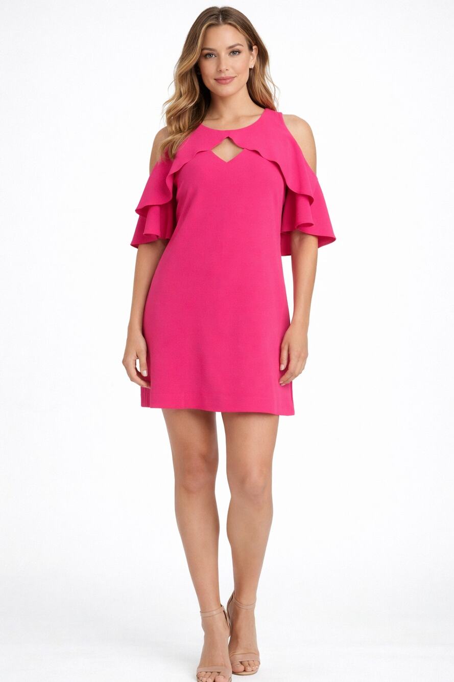 Trina Turk Crepe Cold Shoulder Mini Dress Hot Pink Womens Size 10 New Ruffle